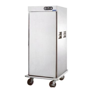 Stainless steel door warmer cart on wheels, featuring a single door and ventilation slots.