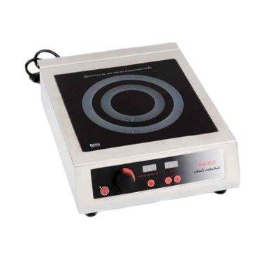 Commercial induction hotplate with a black glass surface and silver casing, featuring control knobs and buttons.