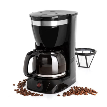 Black 10-cup coffee machine with a glass carafe and coffee beans scattered around.