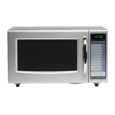 Stainless steel commercial microwave with a black glass door and digital control panel on the side.