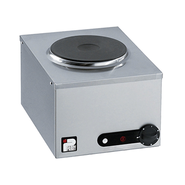 Silver raised hotplate with a black cooking surface and control knob on the front.