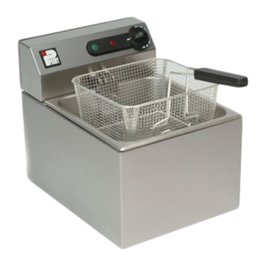 Stainless steel countertop electric deep fat fryer with two mesh baskets and control panel.
