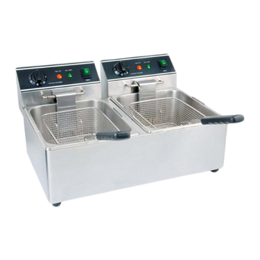 Stainless steel dual electric deep fat fryer with two transparent baskets and control panels.