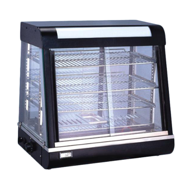 Black tabletop warmer with glass sides and multiple shelves for displaying food items.