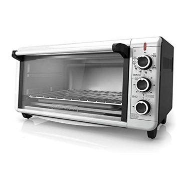 Silver countertop mini oven with a glass door and three control knobs on the right side.