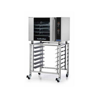 Stainless steel four tray convention oven on a wheeled rack with a glass front.