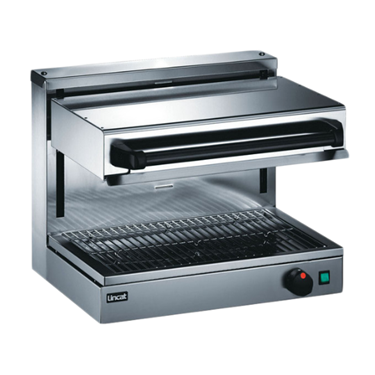 Polished stainless steel salamander grill with a black heating element and a control knob.