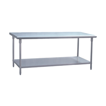Stainless steel table with a smooth surface and lower shelf, featuring a sleek, modern design.
