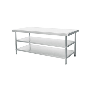 Three-tier stainless steel table with a smooth surface and open shelving, set against a white background.
