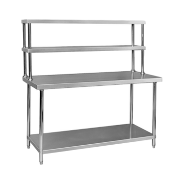 1.8m stainless steel table featuring two upper shelves and a lower storage area.