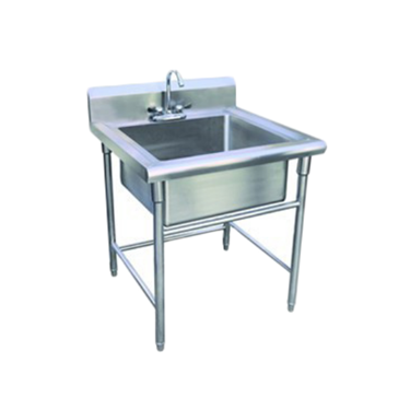 Stainless steel single sink with a tap, mounted on a sturdy metal frame.