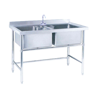 Stainless steel dual sink with two compartments and a single faucet, featuring a polished surface.