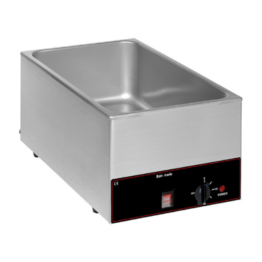 Stainless steel countertop single bain-marie with a control panel and black accents.