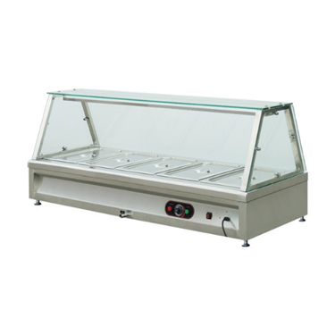 Stainless steel counter top Bain Marie with five compartments and a glass canopy.