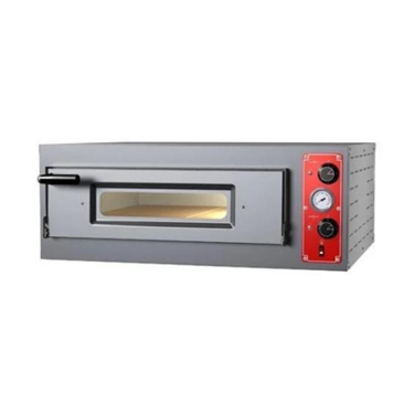 Single deck pizza oven with a stainless steel body and red control panel.