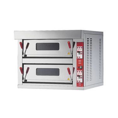 Stainless steel dual deck pizza oven with red and black controls, featuring two baking compartments.