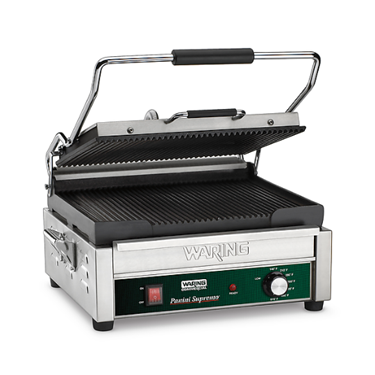 Stainless steel panini press with a black grilling surface and green control panel.
