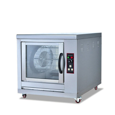 Silver electric rotisserie with a glass front, featuring control buttons on the side.