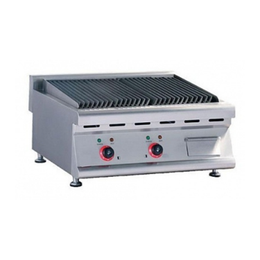 Stainless steel countertop lava rock grill with two control knobs and a ribbed cooking surface.