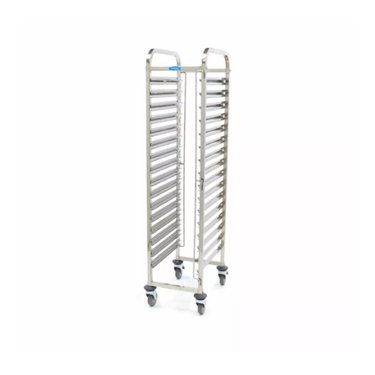 Stainless steel GN 2/1 trolley with multiple shelves and wheels for mobility.