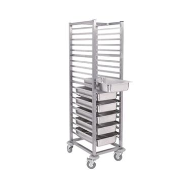 Stainless steel trolley with multiple shelves and a single tray, designed for storage and transport.