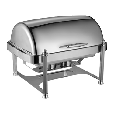 Stainless steel chafing dish with a domed lid, set on a sturdy frame.