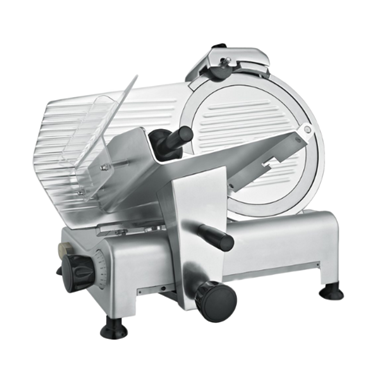 Stainless steel meat slicer with a 300mm blade, featuring a transparent safety guard.