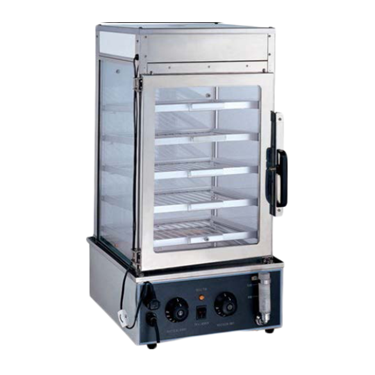 Stainless steel countertop streamer with transparent glass door and multiple shelves for food display.