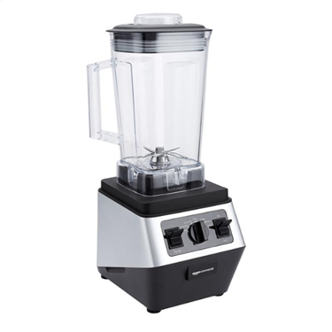 Silver and black blender with a transparent jug and control dials on a white background.