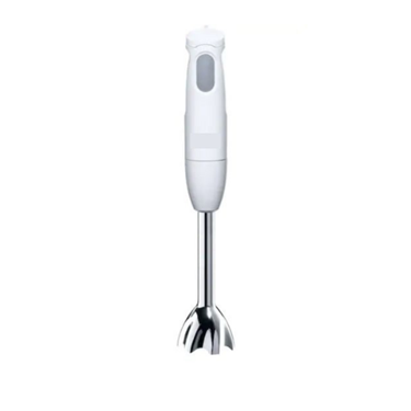 White hand blender with a stainless steel blending shaft, set against a plain background.