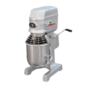 Silver 10L mixer with a stainless steel bowl and a white motor housing.