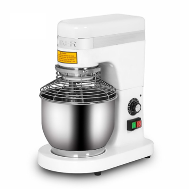 White 5L mixer with a stainless steel bowl and wire guard, featuring control buttons on the side.