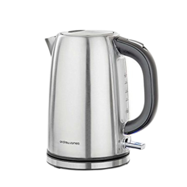 Stainless steel electric kettle with a black handle and a blue power indicator light.
