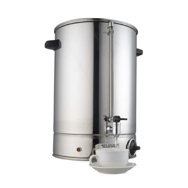 Stainless steel water boiler with a tap, accompanied by a white cup on a surface.