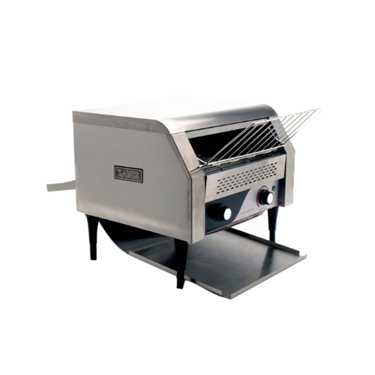 Stainless steel rotary toaster with a flat base and two control knobs, placed on a white background.