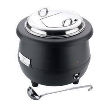 Black 10L soup kettle with a stainless steel lid and a ladle beside it.