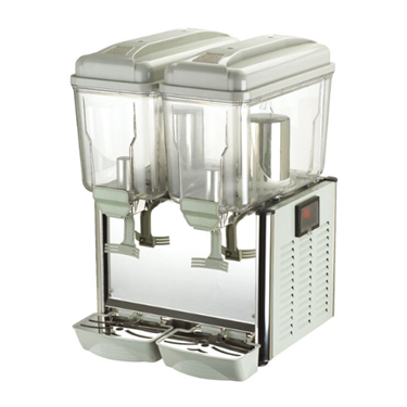 Two-bowl juicy dispenser with transparent containers and a silver base, designed for beverage serving.