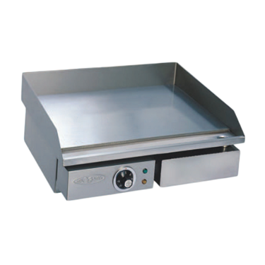 Stainless steel electric flat hot plate with a smooth surface and control knob.