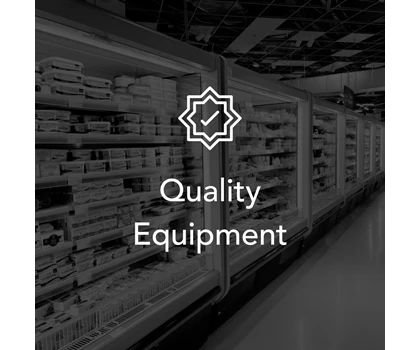 Shelves lined with equipment, featuring a prominent "Quality Equipment" label in white text.