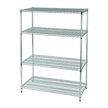 Four-tier metal racking unit with a chrome finish, featuring open wire shelves for storage.
