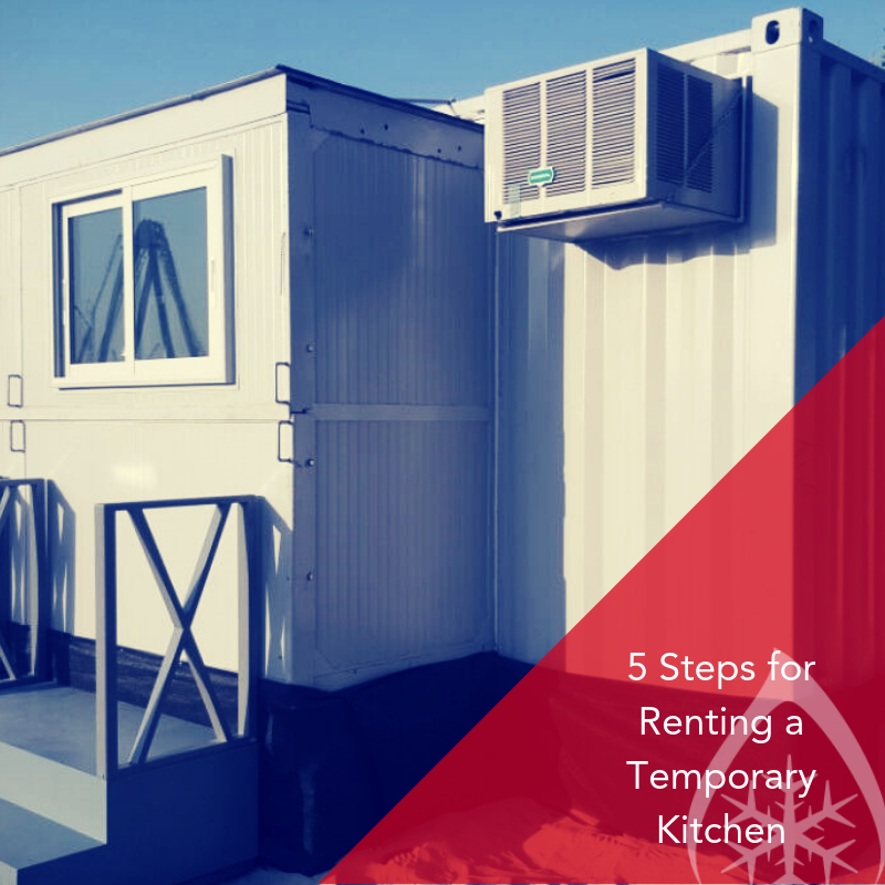 White temporary kitchen unit with an air conditioning unit against a clear blue sky.