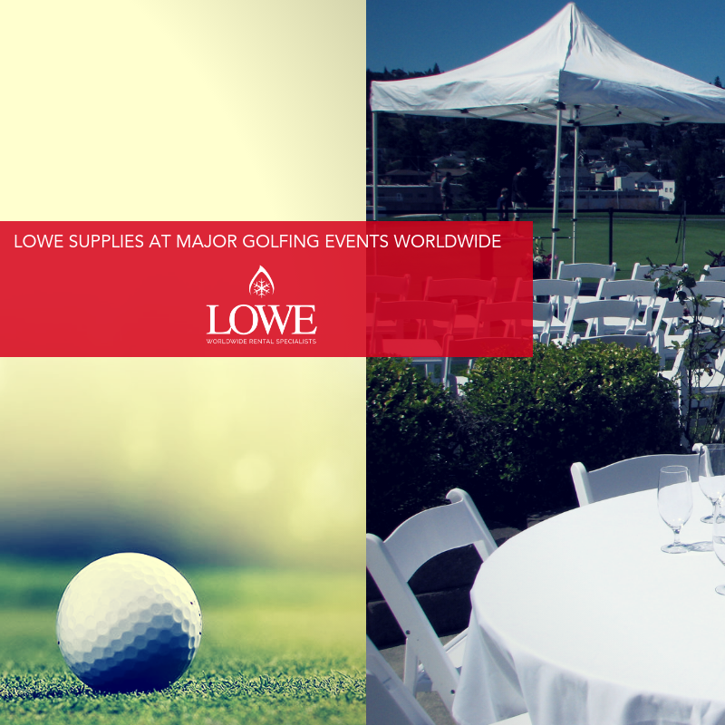 White golf ball on green grass, with a tent and tables set up in the background.