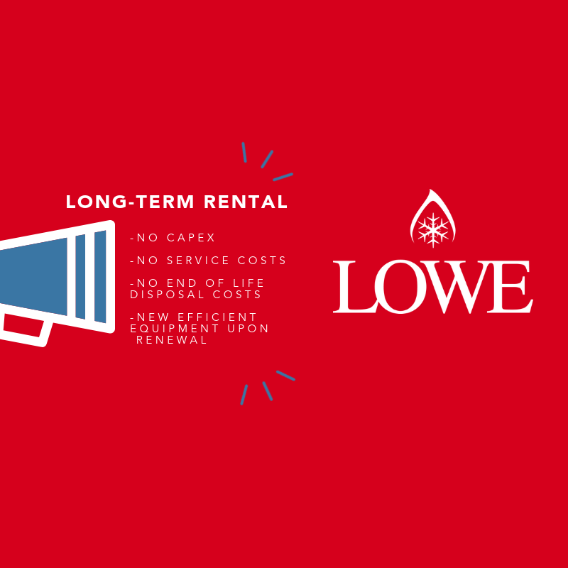 Red background featuring a blue megaphone graphic and text highlighting long-term rental benefits and Lowe logo.