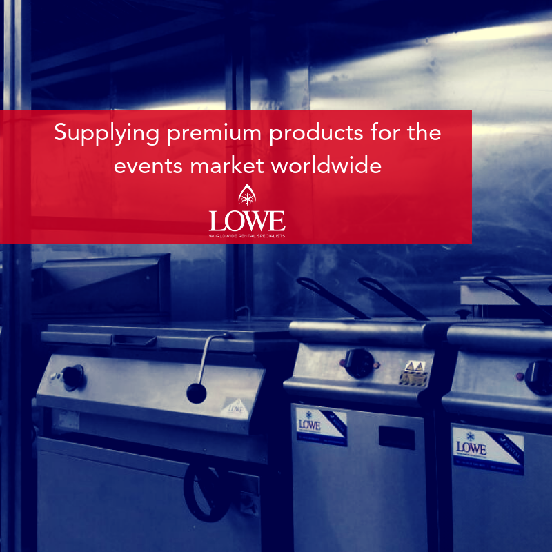 Stainless steel kitchen equipment displayed against a blue background, featuring red promotional text for Lowe.