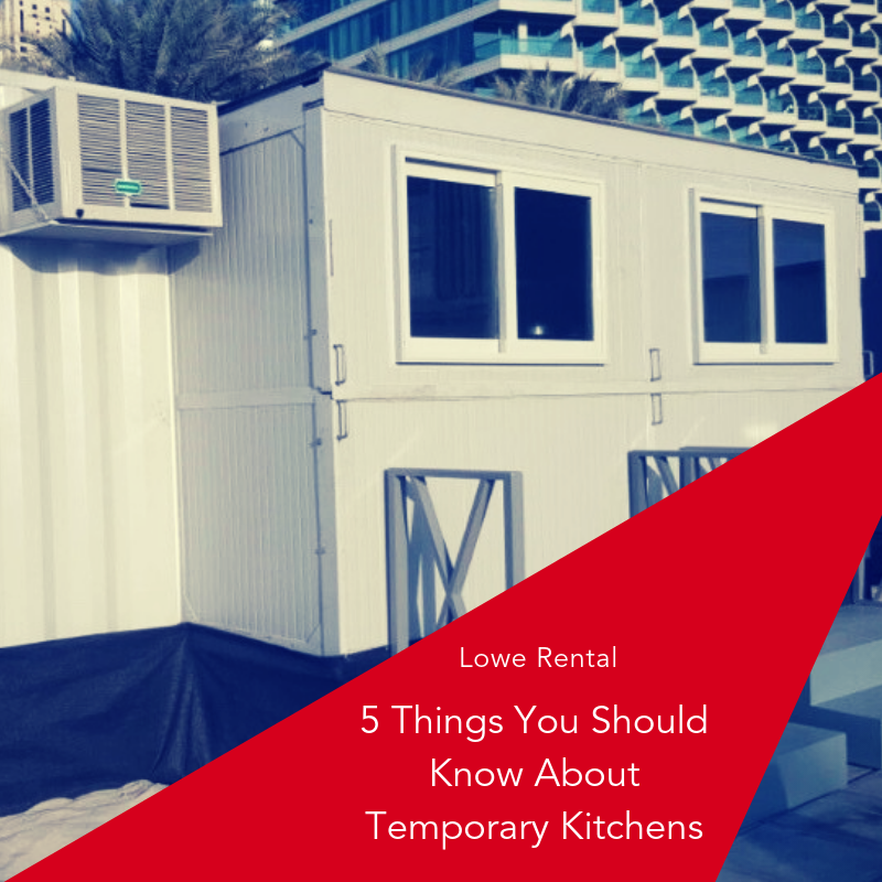 Temporary kitchen unit in white, featuring large windows and an air conditioning unit, with red text overlay.