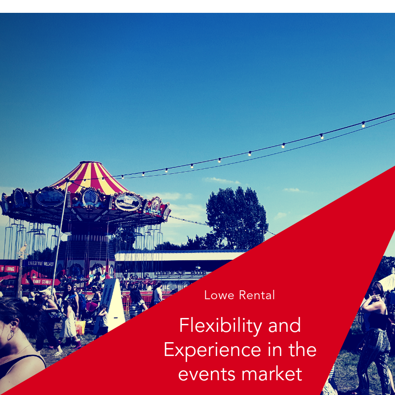 Colourful carousel with a striped canopy, surrounded by a lively crowd against a clear blue sky.