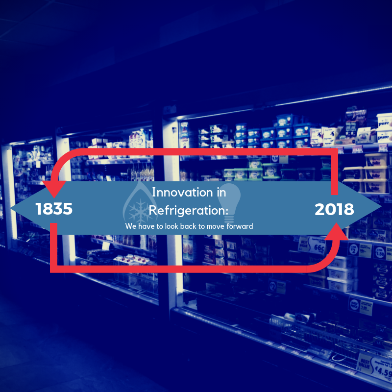 Blue-toned image featuring refrigeration units, with a central banner highlighting innovation from 1835 to 2018.