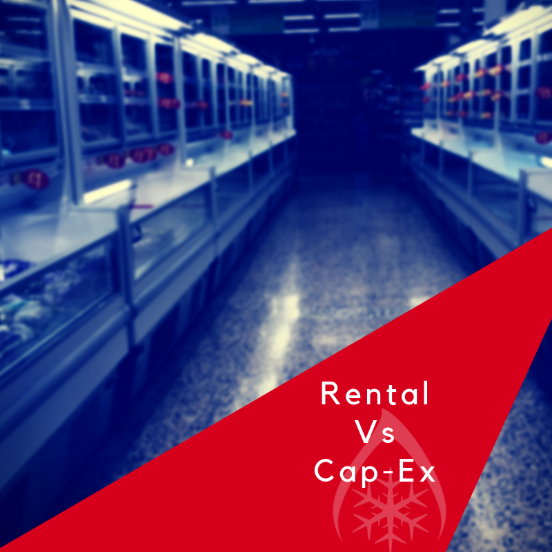 Empty refrigerated display cases with a blue tint and a red triangle featuring "Rental Vs Cap-Ex.