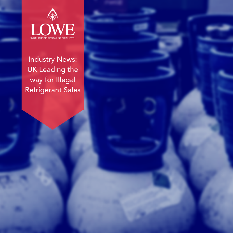Black refrigerant cylinders stacked on white containers, with a red and blue banner displaying industry news.