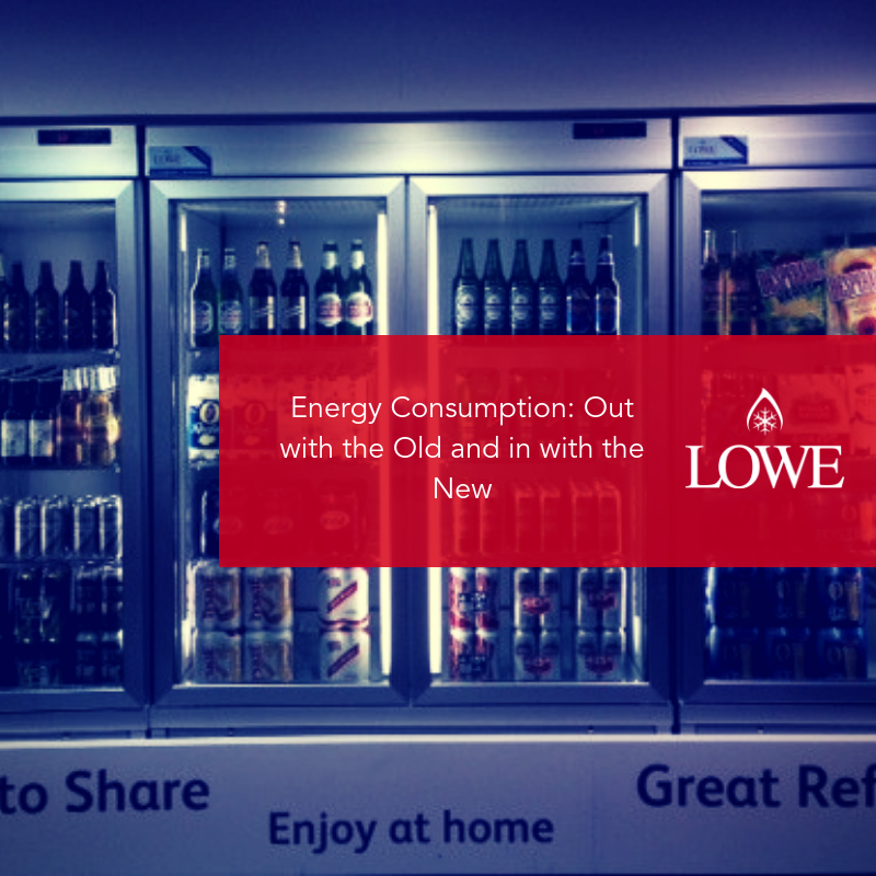 Refrigerated display units filled with beverages, featuring a prominent red banner with text about energy consumption.